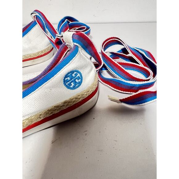 Tory Burch EUC White Canvas 3-D Ballet Espadrille Sneaker Ankle Wrap Toe Shoe 7 - Picture 3 of 7